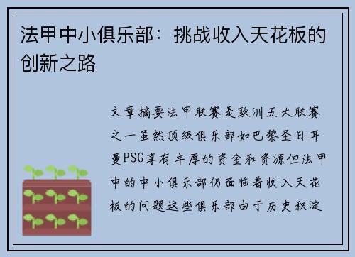 法甲中小俱乐部：挑战收入天花板的创新之路