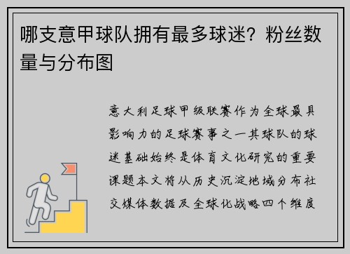 哪支意甲球队拥有最多球迷？粉丝数量与分布图