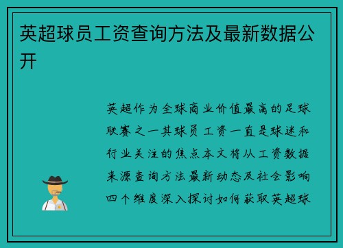 英超球员工资查询方法及最新数据公开